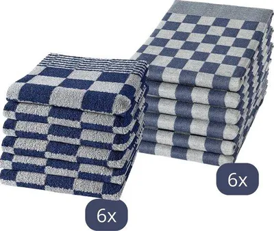 Imagen del producto de Uniqoos® Droomtextiel, juego de 12 paños de cocina, 100% algodón, diseño a cuadros azul y blanco: 6 paños de cocina de 65x65 cm (120 g/m²) + 6 toallas de rizo de 50x50 cm (450 g/m²), calidad para hostelería