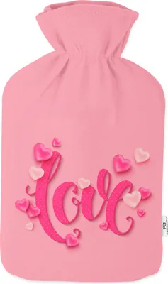 Produktbild von Wärmflasche mit Pullover Bezug 2 Liter Bettflasche mit schönen Fleece-Druck Bezug Gummi Wärmflasche mit Deckel Weiß Love  [092]