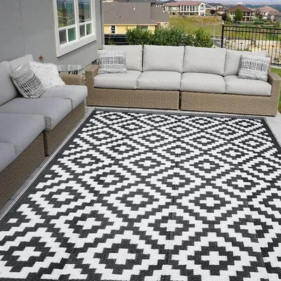 Produktbild von Outdoor-Teppich wasserdicht 150 x 240 cm wendbar Kunststoff grau/weiß