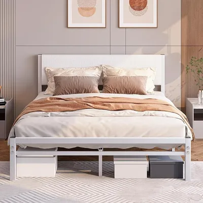 Produktbild von Bett 140x200 mit Lattenrost,Bettgestell Metallbett 140x200 cm mit Kopfteil,Bettrahmen aus Metall-27cm Hoch,Doppelbett Gästebett Jugendbett KeinBoxspringbett mit Stauraum,Weiß