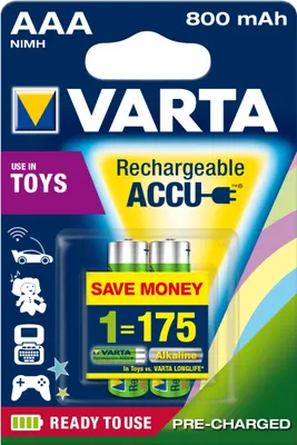 Produktbild von Varta 2x AAA 800mAh, Wiederaufladbarer Akku, AAA, Nickel-Metallhydrid (NiMH), 1,2 V, 2 Stück(e), 800 mAh