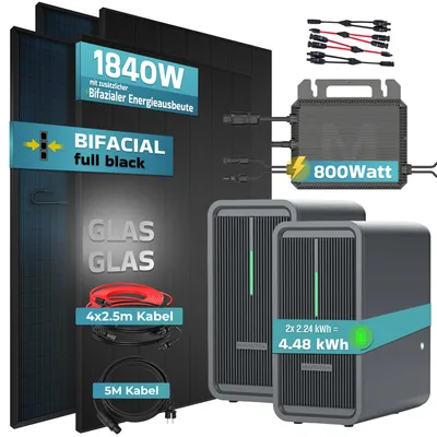 Produktbild von SUNNIVA® 1840W Balkonkraftwerk mit 4.48 kWh Speicher Marstek 2x B2500-D, 4x 460W BIFAZIAL FULLBLACK komplett Steckdose, PV Solaranlage + Solarspeicher