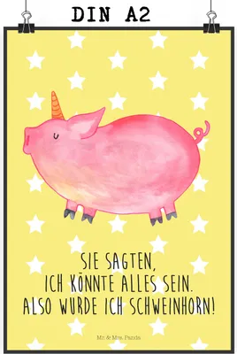 Produktbild von Mr. & Mrs. Panda Bild Einhorn Schwein DIN A2 - Gelb Pastell - Geschenk, kunstdruck poster, Einhörner, Unicorn, wanddeko, Wandbild, Wanddekoration, Party, Spruch, drucke