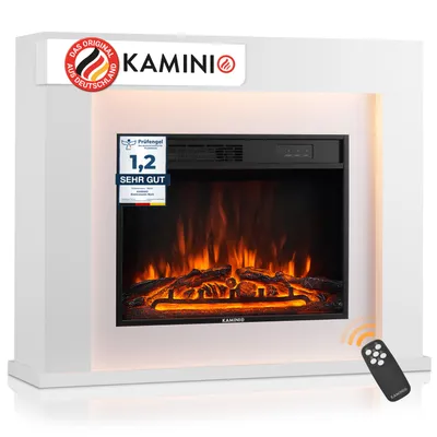 Produktbild von KAMINIO Elektrokamin MATTI - Elektrischer Standkamin mit Heizung, 3D-Flammeneffekt, LED-Ambientelicht, Fernbedienung - Weiß