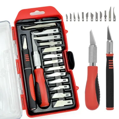 Produktbild von 16 Stücke Skalpell Set,Bastelmesser Set,enthält 2 Tranchiermesser + 12 Klingen,geeignet für Modellbau/Holzbearbeitung/Gummistempelherstellung/Lederverarbeitung