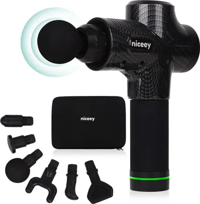Produktbild von Niceey Massagepistole, Muskel Percussion Massagegerät mit 30 Geschwindigkeiten, Massagematte mit  6 Köpfe Massage Gun für Schulter Körper Rücken Entspannung, Schwarz