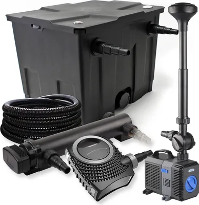 Produktbild von SunSun Komplettset: CBF-350 Teichfilter bis 12000 L Teichfilteranlage, NEO10000 Teichpumpe 10000l/h 80W, CUV-336 Teichklärer 36W, 25m Teichschlauch 25 mm, CTP-5003 Springbrunnen 5000l/h 30W