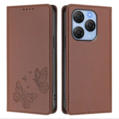 Obrázek produktu pro Kožené pouzdro pro Blackview Shark 9, motýlí ražbou, peněženkové flip pouzdro se stojánkem Hnědá