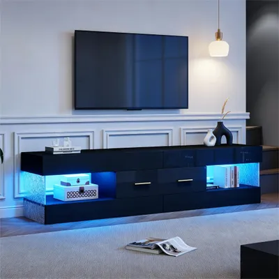 Image de Meuble TV noir laqué brillant, 152 cm, table basse TV avecLED via application, meuble TV moderne pour téléviseurs jusqu'à 75 pouces, meuble TV avec tiroirs et éléments en acrylique