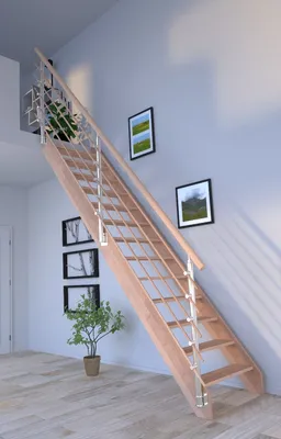Produktbild von Holztreppe Rhodos in gerader Ausführung-Buche-Design Geländer Holzrundstäbe-ohne Setzstufen