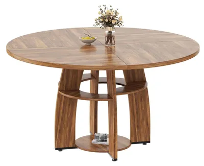 Produktbild von Runder Esstisch 120 cm - Skandinavischer Küchentisch - Für 4 Personen - Mit Ablagefach - Holztisch Vintage Optik - Walnuss