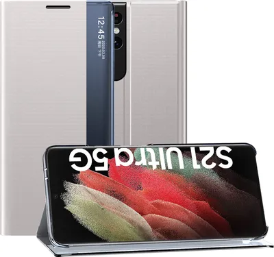 Produktbild von Samsung Galaxy S21 Ultra 5G Hülle, LaimTop Slim Flip Leder Smart View Window Klappetui Schutzhülle mit Standfunktion für Samsung Galaxy S21 Ultra 5G Silber