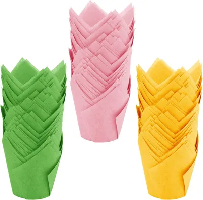 Produktbild von 150 Pcs Muffinförmchen Tulpe Backförmchen aus Papier Hochwertiges Muffin Cupcake Förmchen Papier Tulpenförmchen für Hochzeiten Geburtstag Osterfeier Familientreffen (Rosa Grün Gelb)
