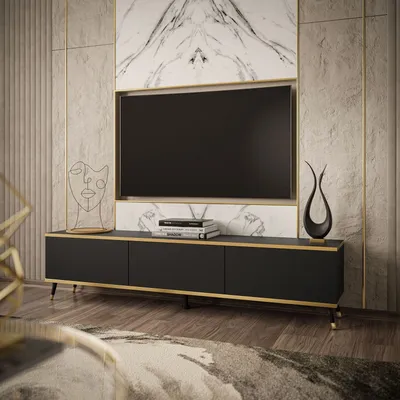 Produktbild von RTV Schrank OXFORD 175 cm, Schwarz / schwarz matt + gold, Beine: Schwarz + Gold