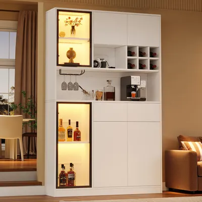 Produktbild von MODFU Hochschrank 120 x 33 x 200 cm, Vitrine mit 6 Türen, 2 Schubladen und LED-Beleuchtung, Vitrinenschrank mit offenen Fächern aus gehärtetem Glas,Weiß