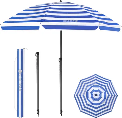 Produktbild von Grandekor Sonnenschirm Strandschirm, Ø 180 cm Blaue weiße Streifen rund Gartenschirm Marktschirm, Terrassenschirm mit Bodenhülse & Schutzhülle & Drehstange, UV50+ Schutz Sonnenschutzschirm