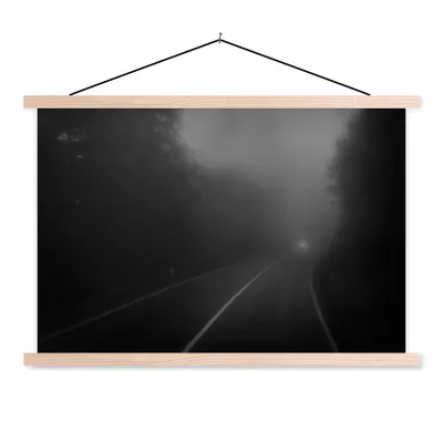 Produktbild von MuchoWow® Textilposter Wald - Nebel - Scheinwerfer - Auto 120x80 cm mit holzfarbenen Rahmen - Aufhängeset