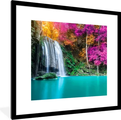 Produktbild von MuchoWow® Gerahmtes Poster Wasserfall - Bäume - Rosa - Braun - Natur 40x40 cm - Poster mit Schwarzem Bilderrahmen Wandposter Rahmen Foto Bilder - Poster - Plakat im Rahmen