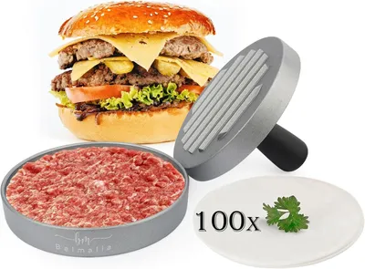 Zdjęcie produktu dla Prasa do hamburgerów 11 cm, 100 arkuszy papieru do pieczenia, do burgerów, klopsików, BBQ, nieprzywierający
