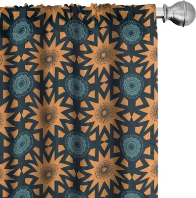 Obrázek produktu pro ABAKUHAUS Antické orientální závěsy, záclony, motivy inspirované sluncem, art deco vzory, 2 kusy 75 x 225 cm, meruňková tmavě modrá