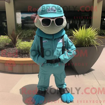 Productafbeelding van Mascottekarakter REDBROKOLY van een Teal Marine Recon gekleed met een capribroek en zonnebril