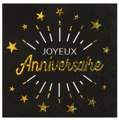 Produktbild von 10 Servietten Happy Birthday Schwarz + Gold 33 x 33 cm mit Sternen -