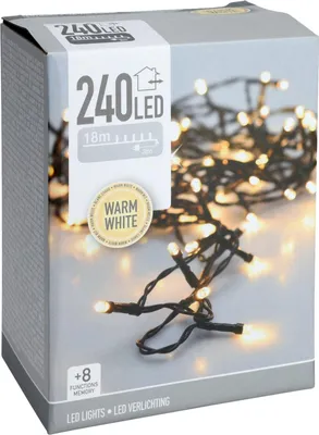 A product box for LED string lights, with a portion of the lights visible.