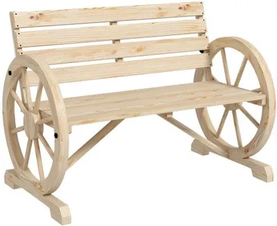 Zdjęcie produktu dla Ławka ogrodowa dwuosobowa, drewniana, w stylu rustykalnym, z podłokietnikami, wytrzymała do 240 kg, wykonana z naturalnego drewna, kolor naturalny