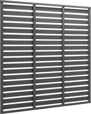 A close-up view of a grey WPC fence element with horizontal slats.