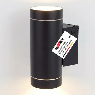 Produktbild von Grafner Aluminium Wandlampe schwarz, mit nach oben und unten gerichtetem Lichtschein, IP44, 2x GU10 Fassung, Wandleuchte rund Down Light Wand Lampe Außen Hof Einfahrt nach oben unten scheinend