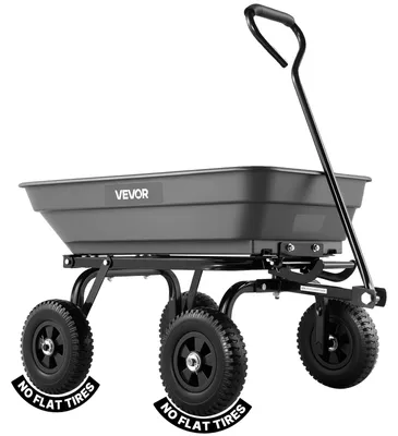 Productafbeelding van VEVOR tuinaanhanger met kantelfunctie, bollewagen met een draagvermogen van 181 kg, 270° draaibare transportwagen voor tuinieren, gemaakt van kunststof en staal, met 8-inch kunststofwielen. Kantelwagen voor gras, grind en modder