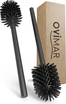 Two black toilet brushes and a cardboard box with branding.