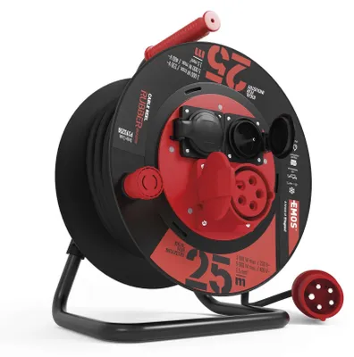 Venkovní prodlužovací kabel na bubnu 25 m / 3 zásuvky / černý / guma / 230V/400V / 1,5 mm2