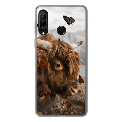 Produktbild von MuchoWow® Handyhülle Schutzhülle Hülle für Huawei P30 Lite Scottish Highlander - Schmetterlinge - Pflanzen Silikon Softcase Handy Hülle - Handyhülle