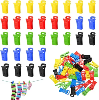 A collection of colorful sock clips arranged in rows and a pile, with some socks clipped to a clothesline in the foreground.