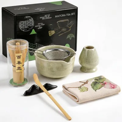 Produktbild von Matcha Set 8-teilig mit Keramikschale und Bambusbesen (Chasen) Grün
