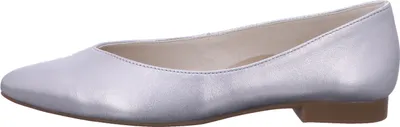 A side view of a silver ballerina flat shoe.