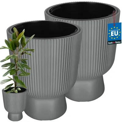 Produktbild von KOTARBAU® 2er Set Blumentopf ⌀ 39cm Orchideentopf Übertopf mit Innentopf Pflanzentopf mit Sockel Geriffelt Kelchform Pflanzkübel aus Kunststoff Grau