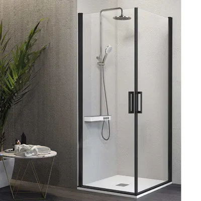 Produktbild von Eckdusche mit 2 Flügeltüren NARDI schwarz - Glas 6mm Linke Tür 75 cm Rechte Tür 65 cm