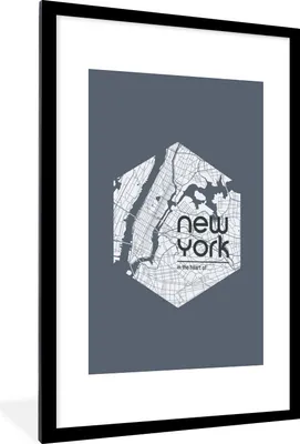 Produktbild von MuchoWow® MuchoWow® Gerahmtes Poster New York - Karte - Fluss 60x90 cm - Poster mit zchwarzem Bilderrahmen - Dekoration - Wandposter Wohnzimmer - Hochwertig