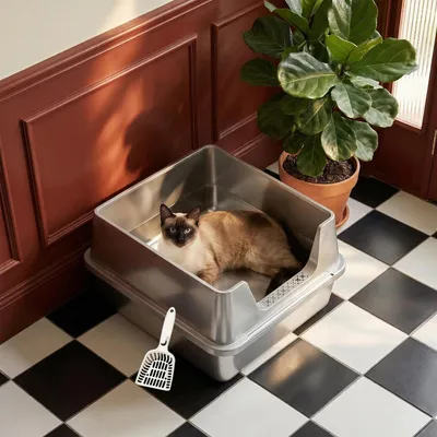 Produktbild von Katzenklo aus Edelstahl, XXL Hellgrau Katzentoilette mit großer Kapazität, Katzentoilette mit hoher Kapazität und Schaufel, leicht, 60,5 x 40 x 29 cm