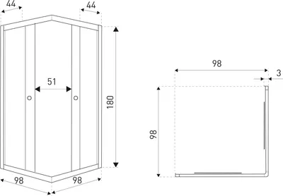 Technical drawing of a shower cabin with dimensions.