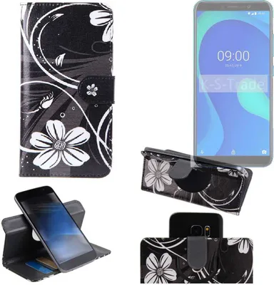 Produktbild von K-S-Trade Schutzhülle Handyhülle kompatibel mit Wiko Y80 Hülle 360° Wallet Case ''Flowers'' Klapphülle Hülle schwarz-weiß 1x