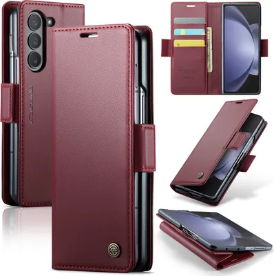 Produktbild von Lederhülle für Samsung Galaxy Z Fold 5 Brieftasche Kartenfach Schutzhülle mit Standfunktion Rot