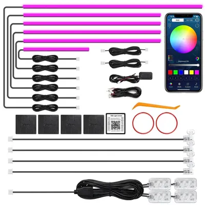 Obrázek produktu pro LED interiérové osvětlení do auta, akryl, RGB, 14 barev, ovládání přes aplikaci a synchronizace s hudbou, 612 LED diod, délka 4,45 metru