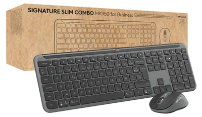 Produktbild von Logitech Signature Slim Combo MK950, Kabellos, RF Wireless + Bluetooth, Scherenschalter, AZERTY, Graphit, Maus enthalten