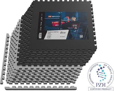 Produktbild von Hop-Sport Puzzlematte 12er Set - Extra Dicke Unterlegmatte für Fitnessgeräte als Rutschfester Bodenschutz - Größe 60 x 60 x 2 cm - Schwarz/Grau