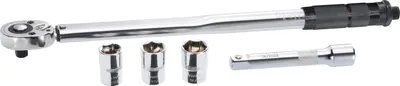 A torque wrench set with multiple sockets and an extension bar, laid out on a white background.