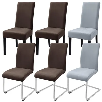 Produktbild von Samt Stuhlhussen 6er Set (4 Braun + 2 Hellgrau) für Esszimmerstühle, Schwingstühle, Freischwinger