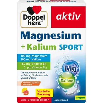Imagen del producto de Doppelherz Magnesio + Potasio, tabletas efervescentes para deportistas, 6 envases con 15 tabletas cada uno